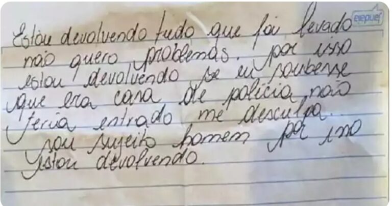 Parece baratino, mas é verdade: Cu de Galinha rouba casa de delegado e devolve tudo com bilhete de arrependimento.