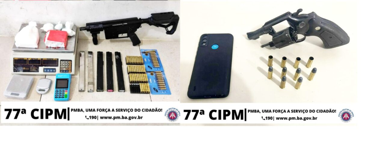 “Em duas brocadas “na merma da hora”, armas e drogas são apreendidas e Cu de Galinha cai no Cartucho durante confronto com o PETO da 77, em Conquista”.