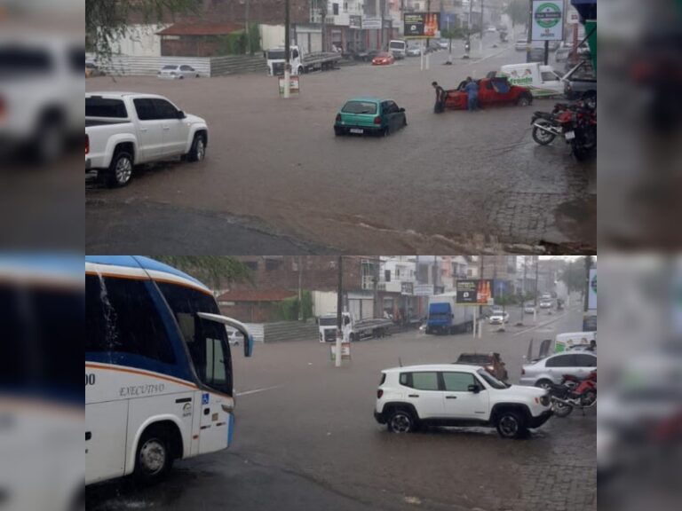 Assista: Chuva forte alaga ruas e complica o trânsito em Brumado nesta sexta-feira