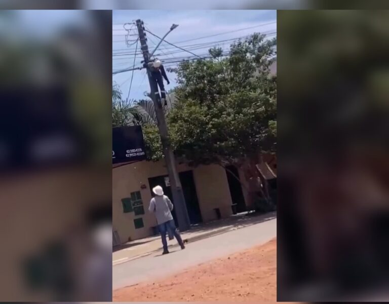 Vídeo: Momento de susto em Goiás, instalador de internet leva descarga elétrica em poste.